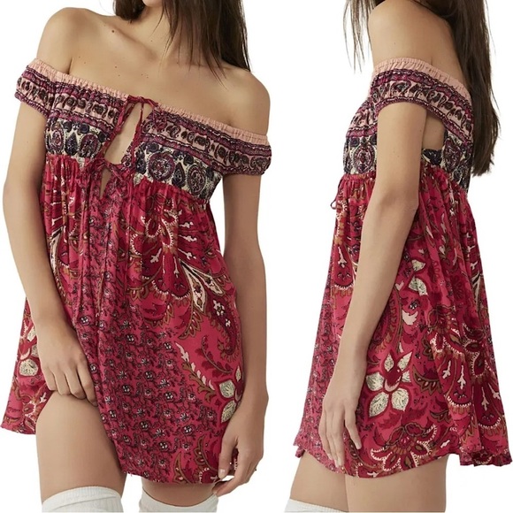 NEW Free People Bali Mariposa Slip Mini Dress In Strawberry Combo Red - Picture 4 of 13